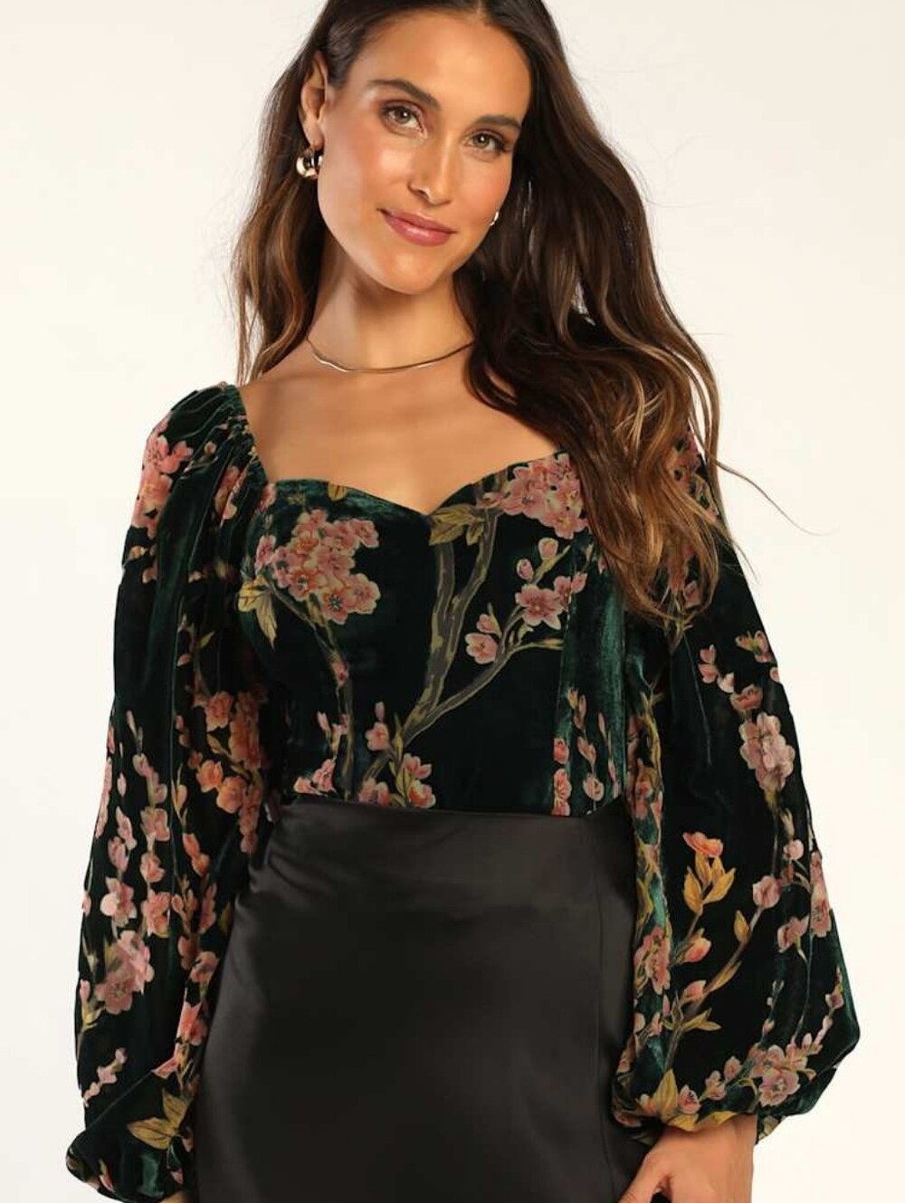 Lulu's Dark Green Velvet Floral Sweetheart Blouse
